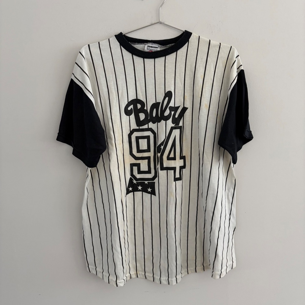 Vintage New Additions Maternity Baby 94 Pinstripe Baseball T-Shirt White Black